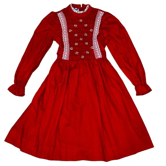 Polly Flinders Vintage Red White Girls 8 Smocked Peasant Dress Long Sleeve - Picture 1 of 6
